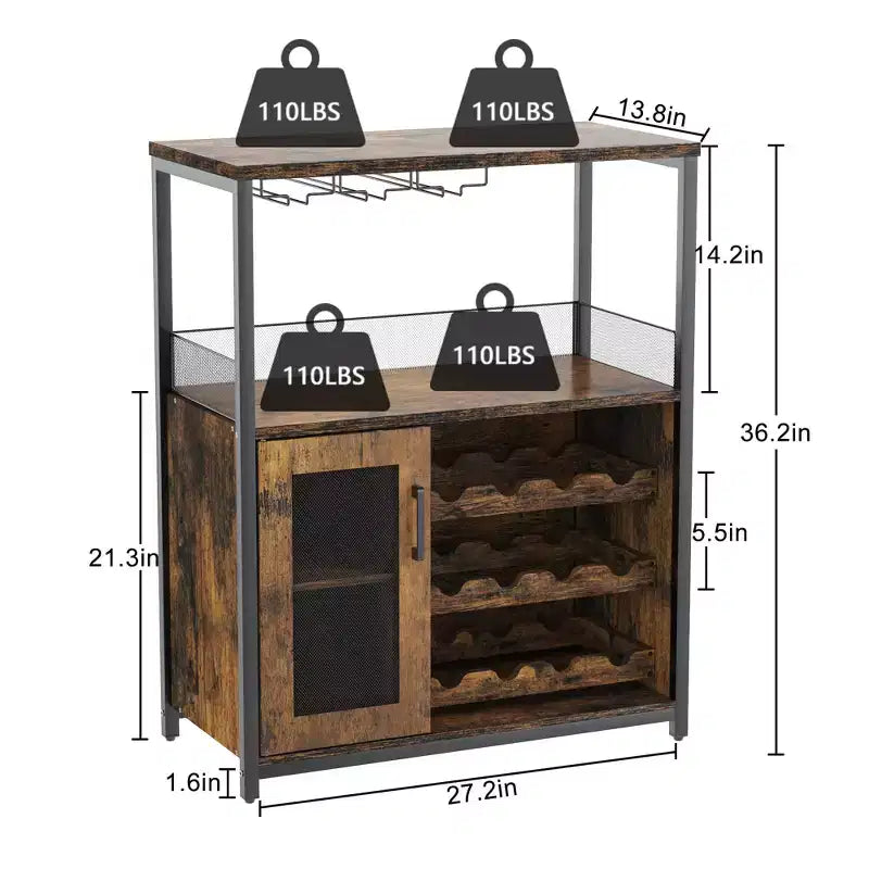 Grauer 3-stöckiger industrieller Weinbarschrank (12+ Flaschen), 91,4 H x 61 B x 38,1 T cm, abnehmbares Regal, 9 Glashalter & verstellbare Einlegeböden für Zuhause/Bar