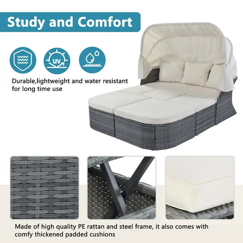 Graues Outdoor-Tagesbett aus Korbgeflecht mit Polstern und ausziehbarem Sonnendach