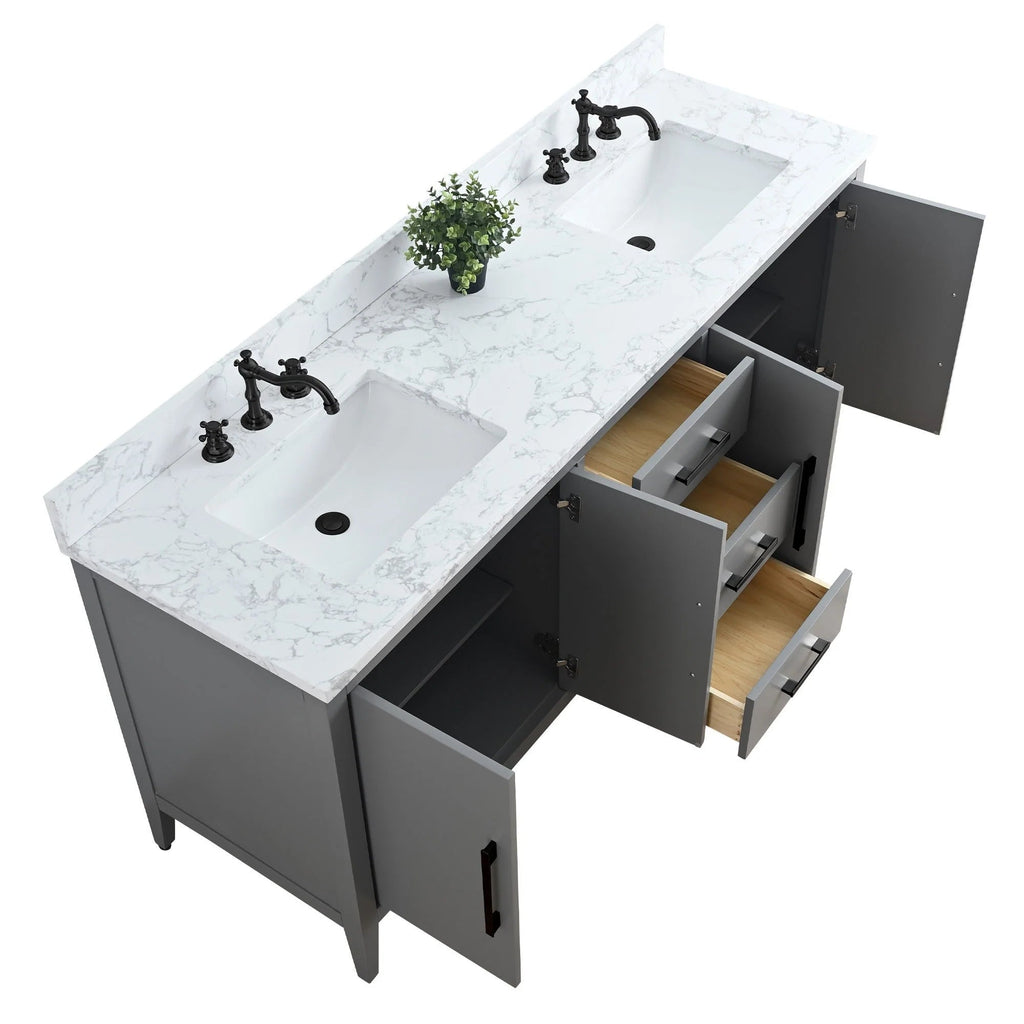 Vanity Art 72 Zoll Badezimmer-Waschtischunterschrank mit Doppelwaschbecken und Kunstmarmorplatte