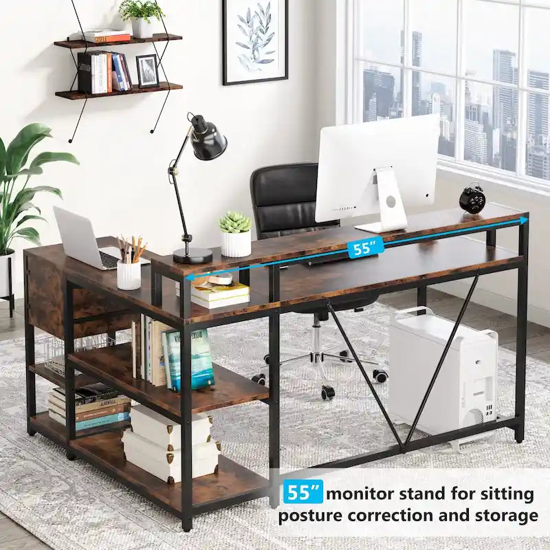 L-förmiger Schreibtisch mit Schublade, Eckschreibtisch für das Home-Office mit Ablagefächern und Monitorständer, rustikaler PC-Tisch für kleine Räume