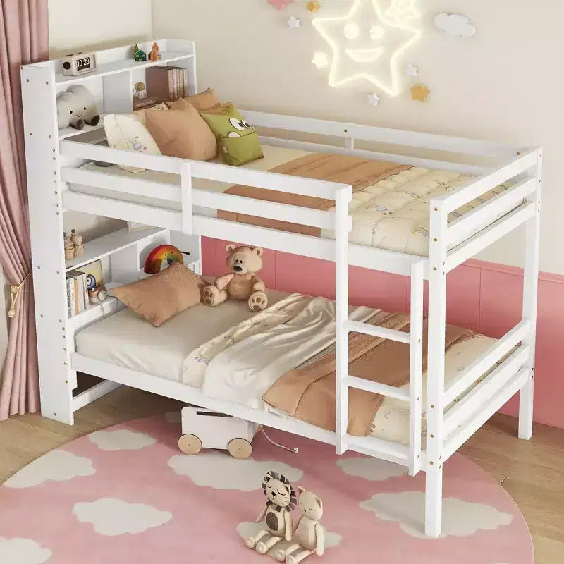 MAYEERTY Etagenbett für zwei Personen mit Regal-Kopfteil, Sicherheitsgittern und Leiter, zu zwei Betten umbaubar, für das Schlafzimmer, weiß