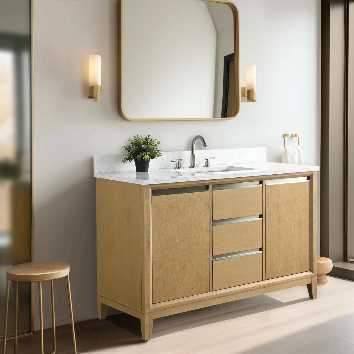 Vanity Art Badezimmerschrank mit Keramikwaschbecken und Platte aus technischem Marmor