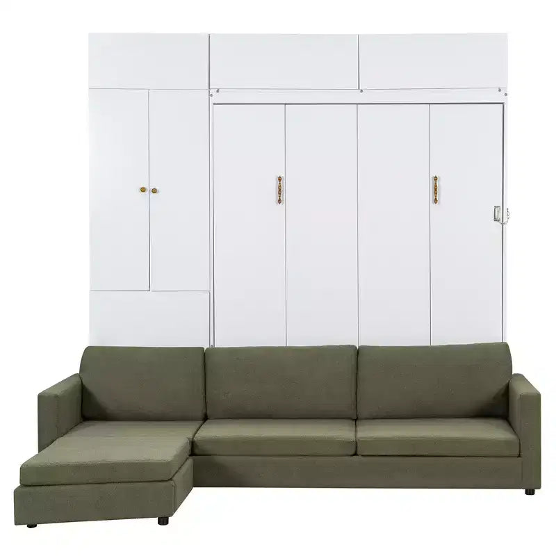 Schrankbett in Queen-Size mit Sofa und Schrank, hölzernes Queen-Size-Schrankbett als Wandbett mit Regalen, klappbares Wand-Schrankbett für Gästezimmer und Büro