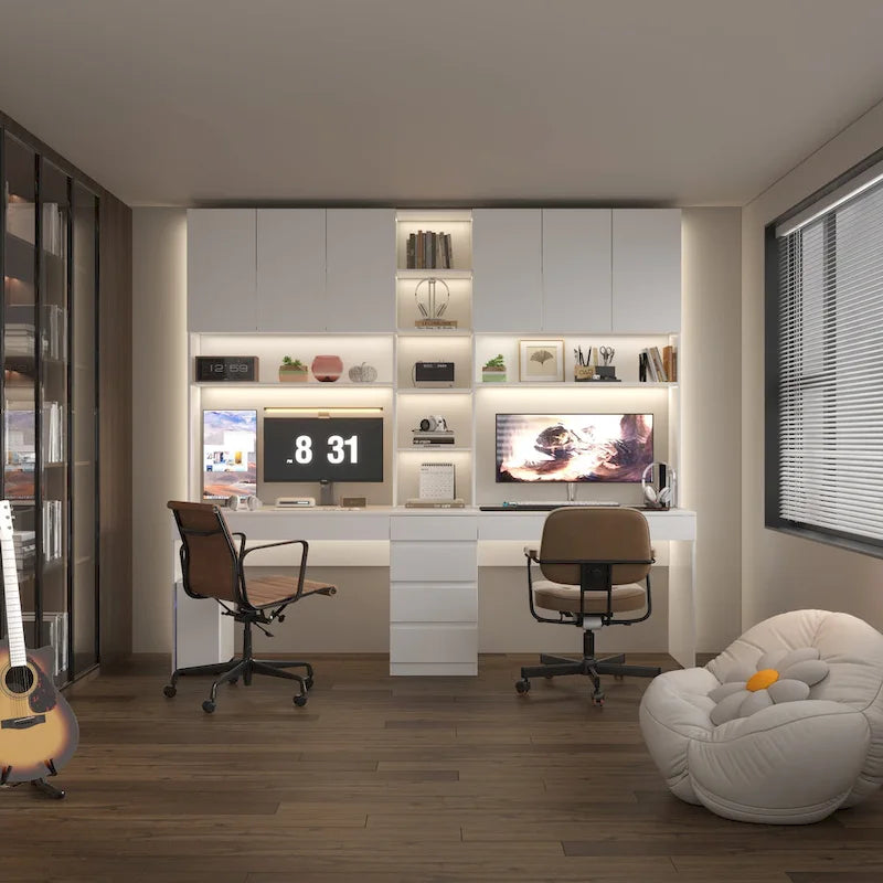Moderner Doppel-Arbeitsplatz, geräumiger weißer Gaming- und Bürotisch