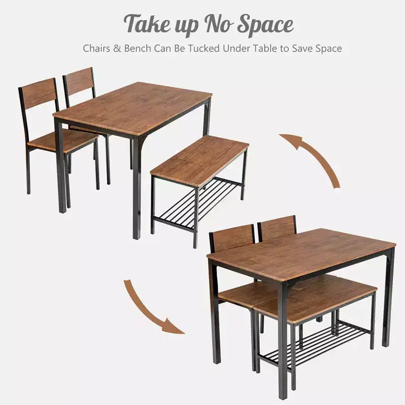 Costway 4-teiliges Esszimmertisch-Set, rustikaler Tisch, 2 Stühle & Bank mit Ablagefach