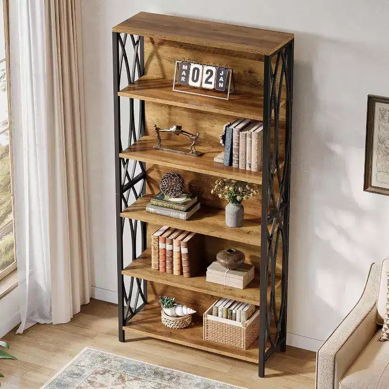 Lantine 70,87 Industrie-Bücherregal, 6-stufiges Regal mit geometrischem Metallrahmen & offenen Ablageflächen für Homeoffice, Wohnzimmer, Braun