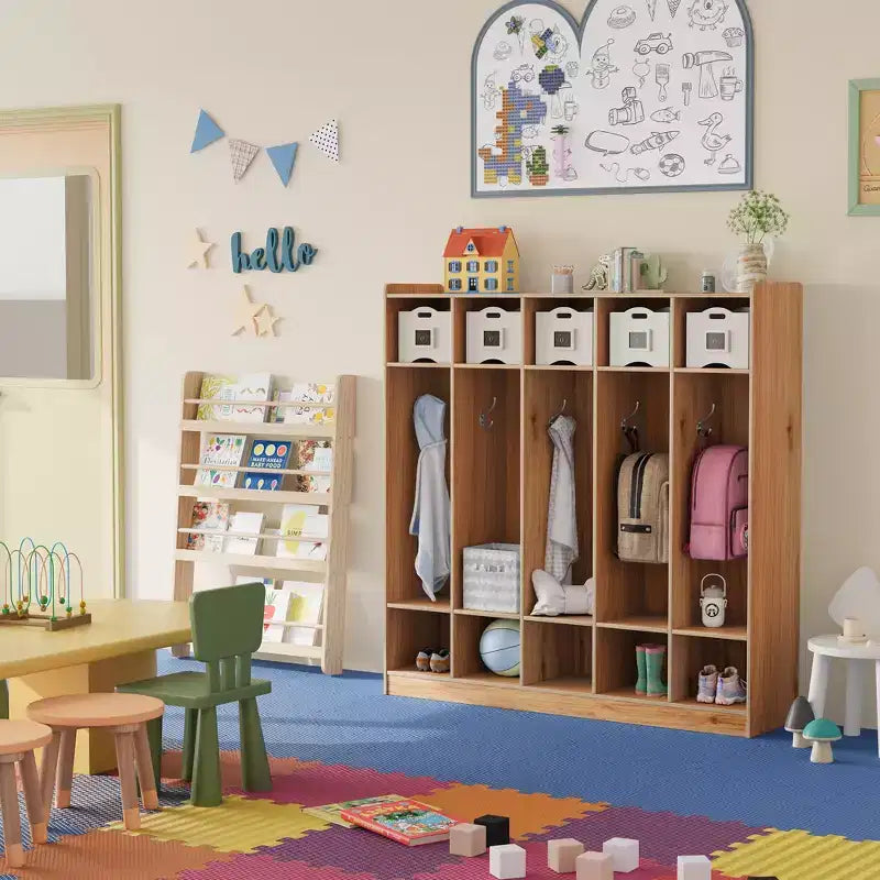 Garderoben-Schrank für den Klassenraum mit 5 Fächern und 10 Ablagefächern, Aufbewahrungs-Organizer mit 10 Haken für Zuhause, Schule, Kindertagesstätte und Kindergarten