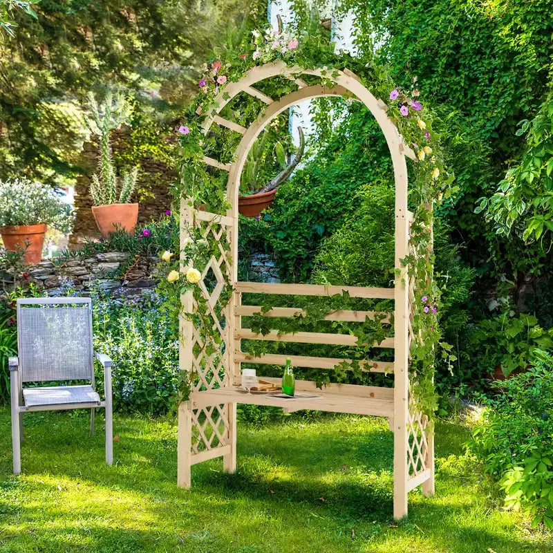 Costway Gartenbank aus Holz mit Rundbogen-Pergola, Gartenpavillon mit Rückenlehne, Terrassen-Rankgerüst