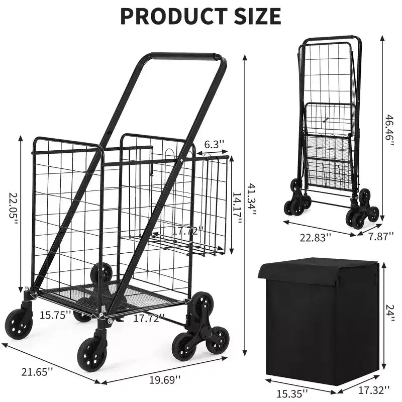 Strapazierfähiger Treppensteiger-Einkaufswagen – 360°-Dreifachräder, wasserdichte Einlage, 61 kg Tragkraft, klappbarer Karbonstahl-Trolley für Wäsche und Lebensmittel