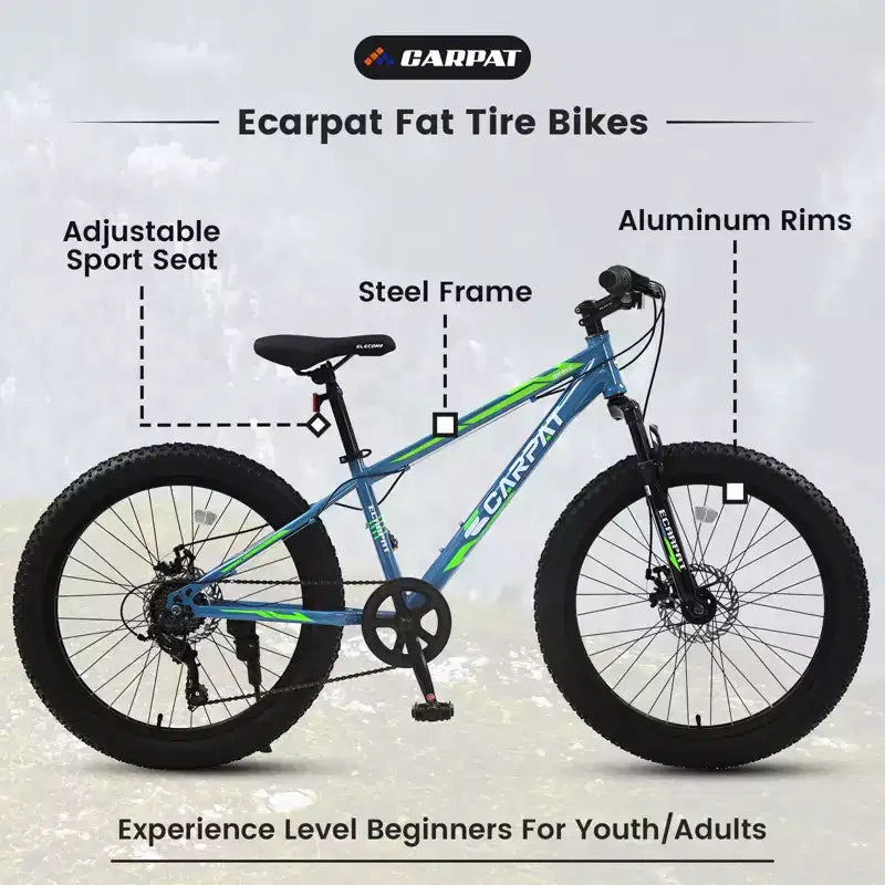 Okak 24-Zoll-Fatbike mit Vordergabel-Federung, 7-Gang-Mountainbike mit Scheibenbremsen und Rahmen aus kohlenstoffreichem Stahl, Trailbike für den täglichen Arbeitsweg