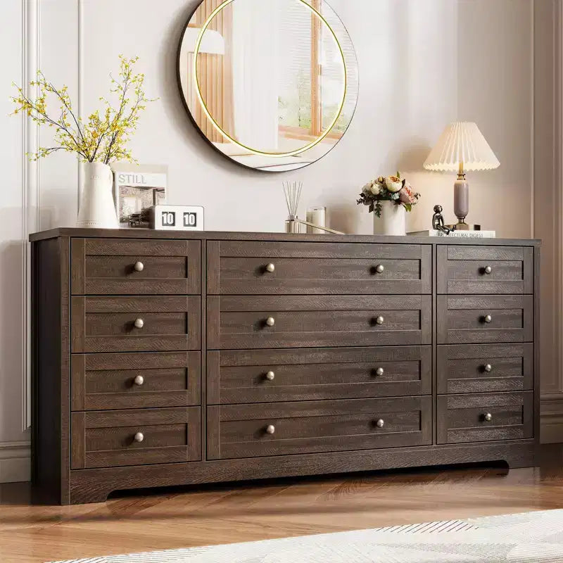 Kommode mit 12 Schubladen für das Schlafzimmer, aus Holz, moderner breiter TV-Ständer für 65-Zoll-Fernseher, Holz-Schubladenkommode, Landhausstil-Kleiderschrank für das Wohnzimmer
