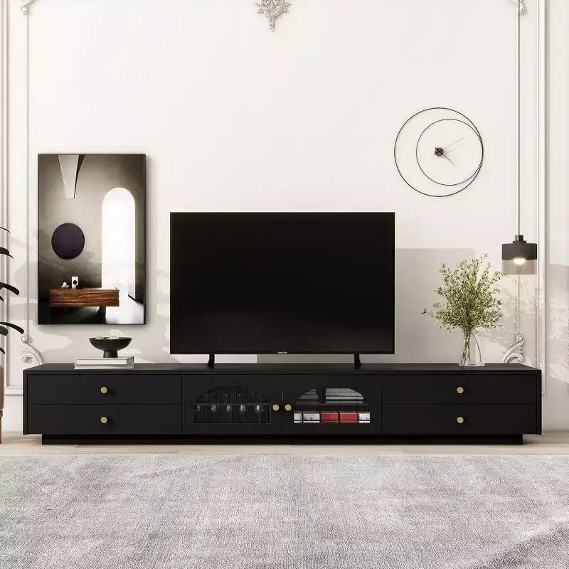 TV-Ständer für 95-Zoll-Fernseher, extra lange Medienkonsole mit 2 Türen und 4 Schubladen, großer TV-Schrank mit geriffelten Glastüren

