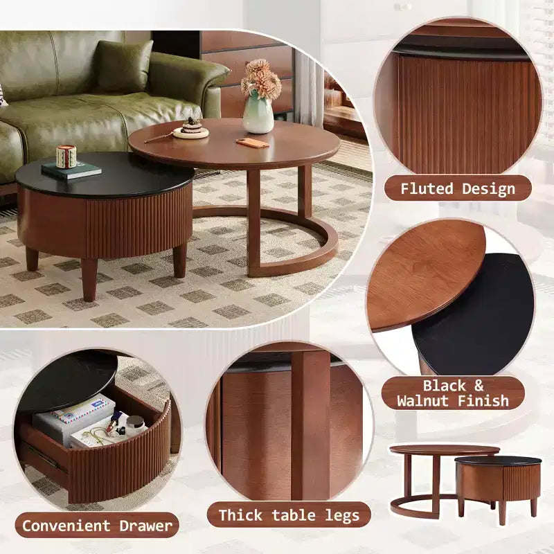 Moderner Couchtisch in Nesting-Bauweise mit Schublade, runder Wohnzimmertisch mit Stauraum