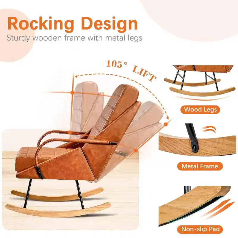 VECELO Polster-Schaukelstuhl aus Kunstleder/Teddy-Stoff, moderner Lounge-Schaukelsessel mit verstellbarer Rückenlehne, gepolsterter Sitzfläche und sicherem Gestell aus Massivholz, Weiß/Braun