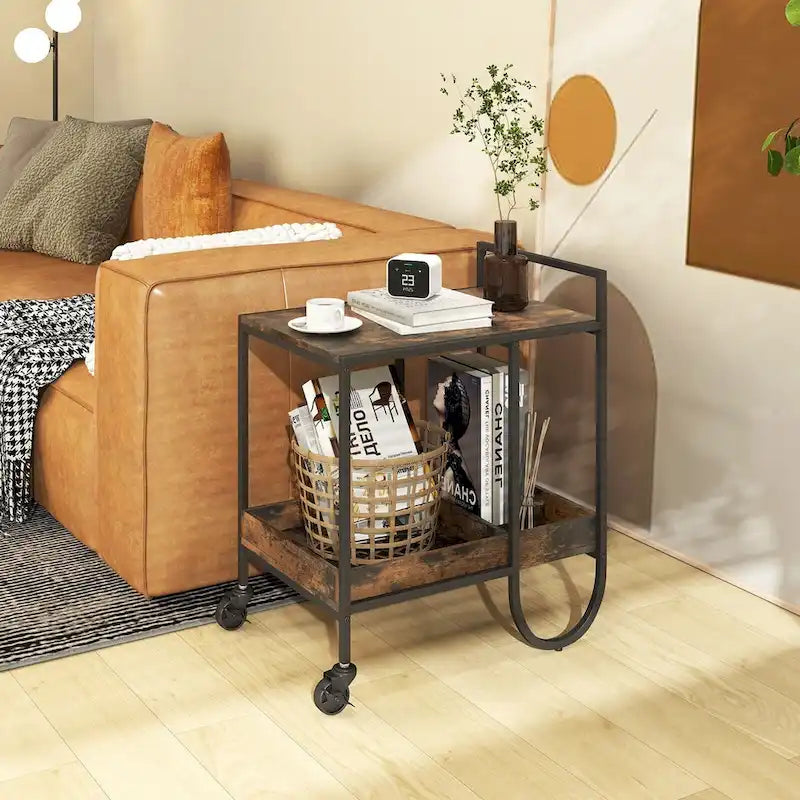 Rollbarer Servierwagen mit abnehmbarem Metalldraht-Weinregal - Braun - 24 x 17 x 29 (L x B x H)