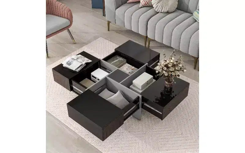 Verlängerbarer Couchtisch mit Puzzle-Tischplatte und 4 versteckten Ablagefächern