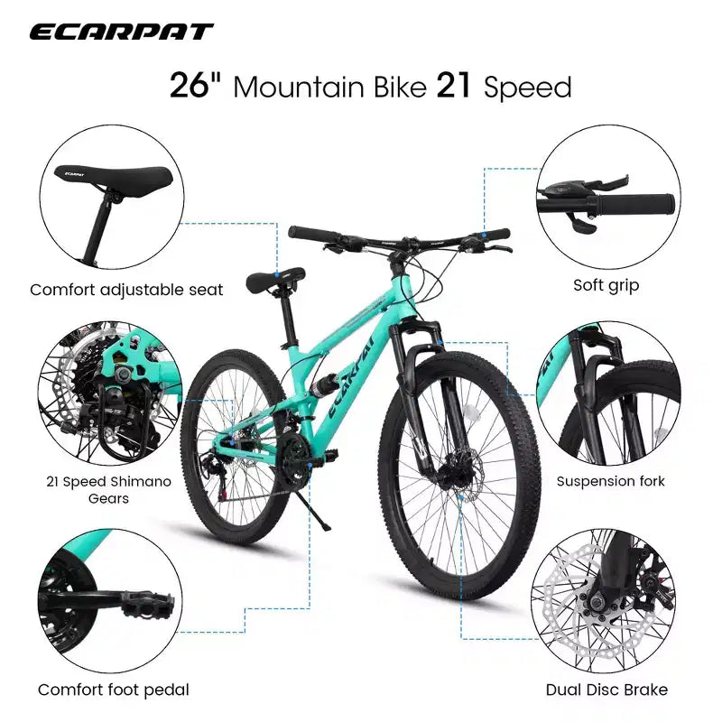 Okak Mountainbike 26 Zoll mit Stoßdämpfern vorne und hinten, 21-Gang-Erwachsenenfahrrad mit Stahlrahmen, Herrenfahrrad für Jugendliche und Erwachsene, Blau