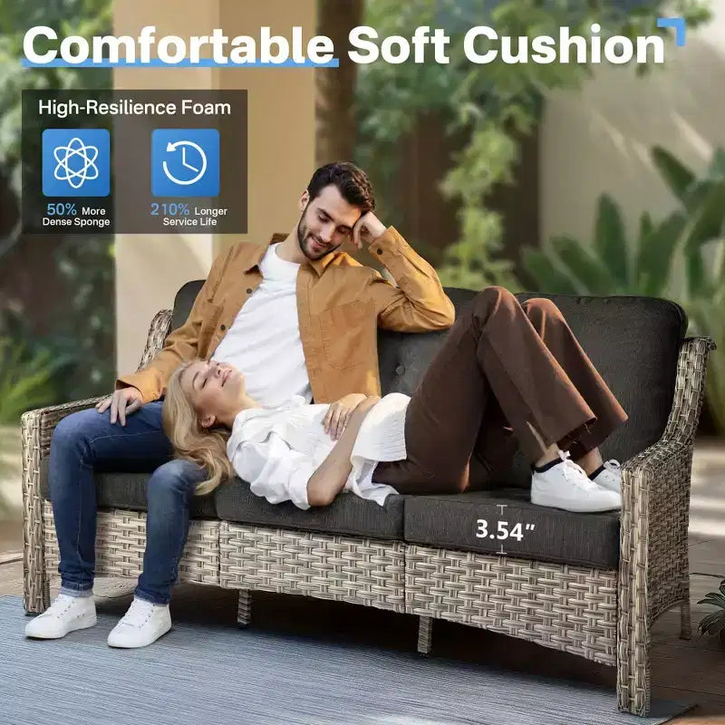HOMLUX 6-teiliges Terrassen-Loungeset aus Polyrattan mit 3-Sitzer-Sofa und Polstern, Rattanstühlen, Hockern und Couchtisch