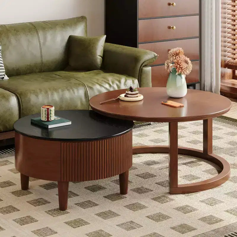 Moderner Couchtisch in Nesting-Bauweise mit Schublade, runder Wohnzimmertisch mit Stauraum