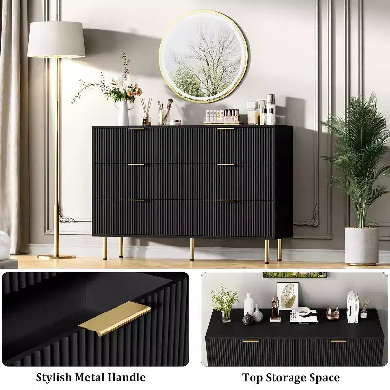 COZONY 6-Schubladen-Kommode mit geriffeltem Design, moderner Holz-Aufbewahrungsschrank, breite Schubladenkommode für Schlafzimmer, Wohnzimmer und Eingangsbereich
