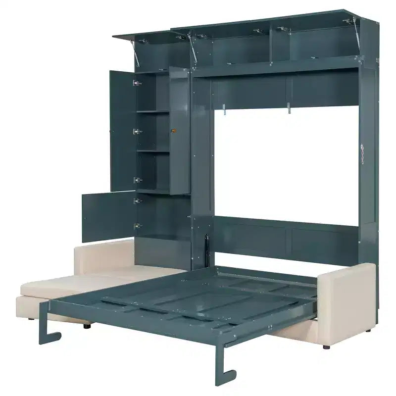 Schrankbett in Queen-Size mit Sofa und Schrank, hölzernes Queen-Size-Schrankbett als Wandbett mit Regalen, klappbares Wand-Schrankbett für Gästezimmer und Büro