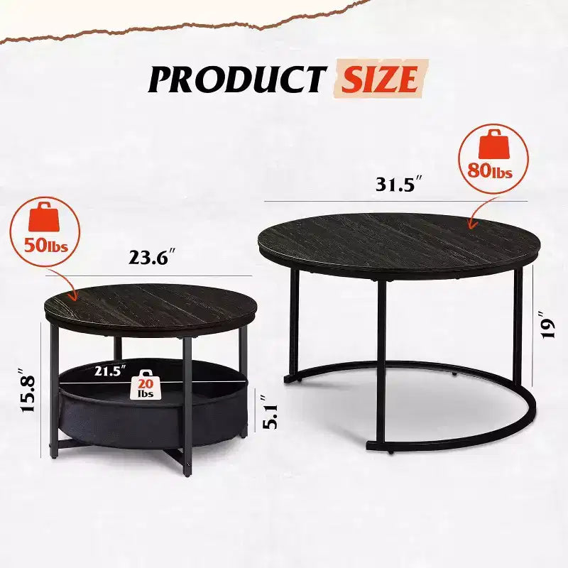 GALAXHERO 2er-Set verschachtelbare runde Couchtische – 31,5-cm-Beistelltische mit Ablagefach und Metallgestell für Wohnzimmer/Wohnung