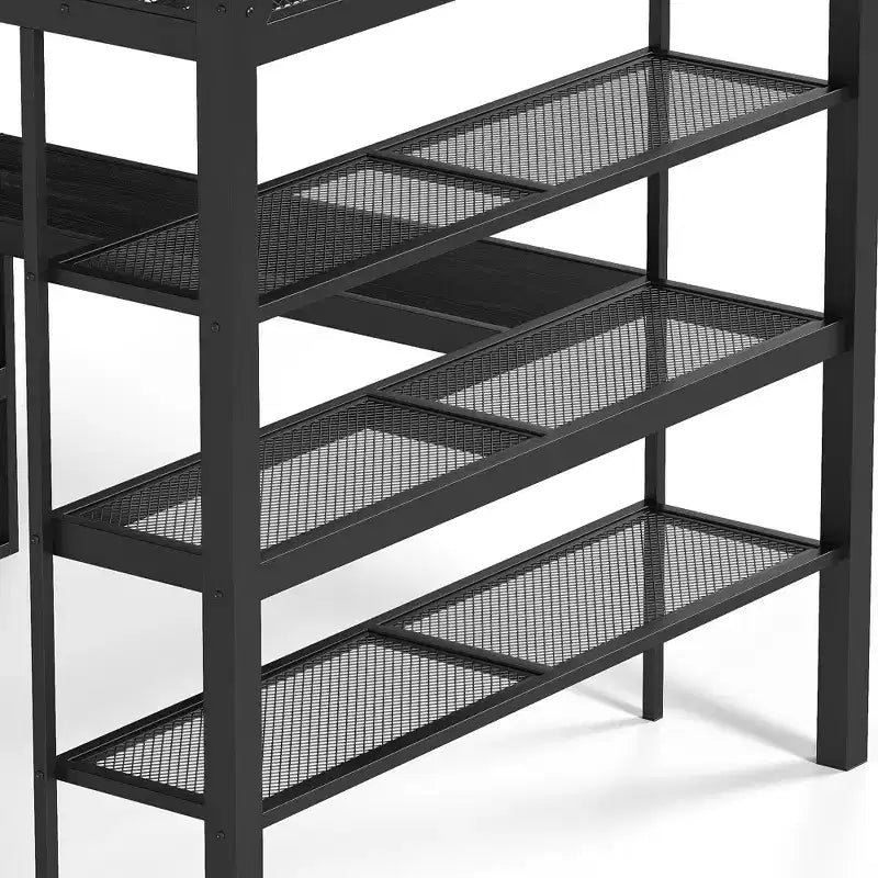 Bellemave Queensize-Metallhochbett mit Schreibtisch, Ablagefächern und Kleiderstange, platzsparendes Hochbettgestell mit Schutzgittern und Leiter, kein Lattenrost erforderlich, Schwarz