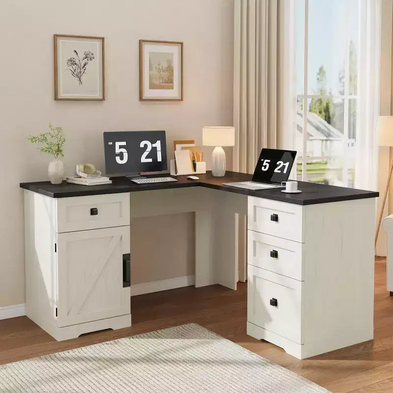 60 Zoll L-förmiger Executive-Schreibtisch im Landhausstil, Eck-Schreibtisch für das Home-Office mit Aktenschublade, Aufbewahrungsschrank & verstellbarem Fachboden
