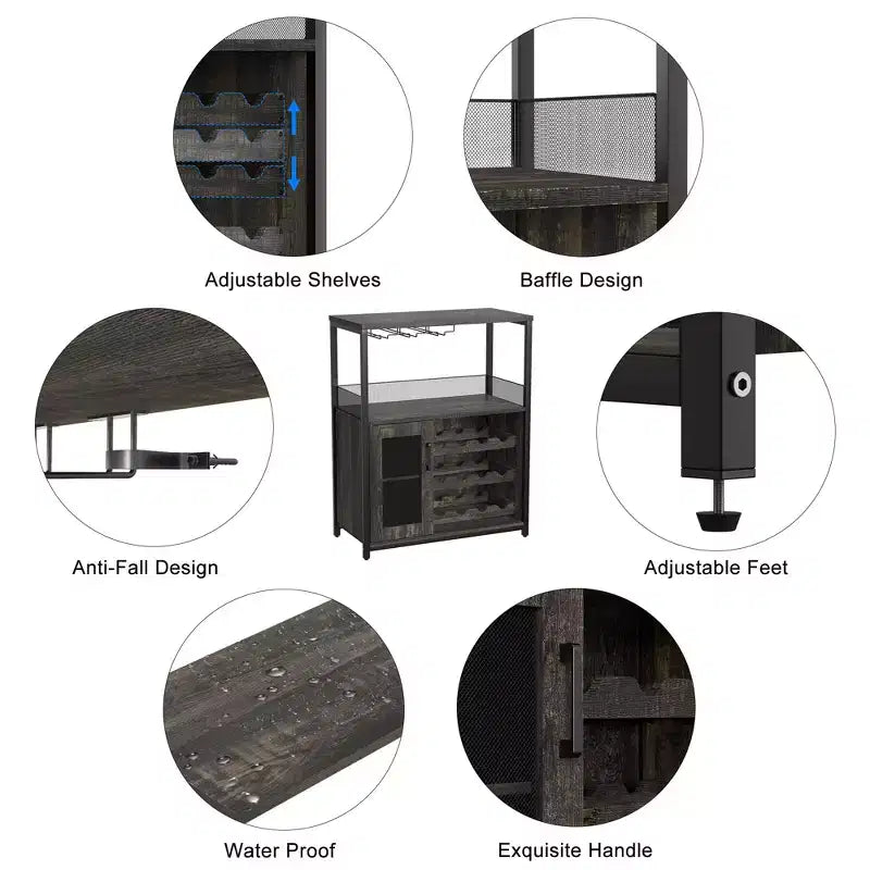 Grauer 3-stöckiger industrieller Weinbarschrank (12+ Flaschen), 91,4 H x 61 B x 38,1 T cm, abnehmbares Regal, 9 Glashalter & verstellbare Einlegeböden für Zuhause/Bar