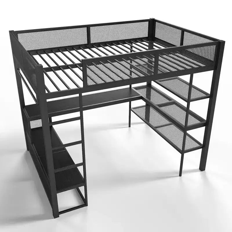 Bellemave Queensize-Metallhochbett mit Schreibtisch, Ablagefächern und Kleiderstange, platzsparendes Hochbettgestell mit Schutzgittern und Leiter, kein Lattenrost erforderlich, Schwarz