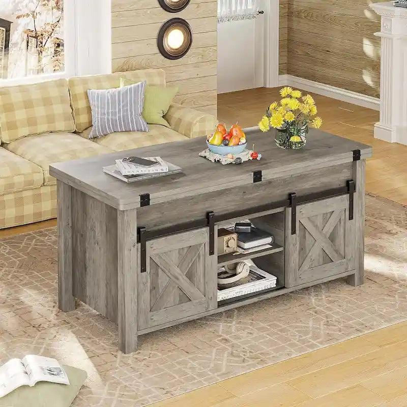 Couchtisch mit Hubplatte, 2 Schiebetüren im Scheunentor-Design und Stauraum, Esstisch
