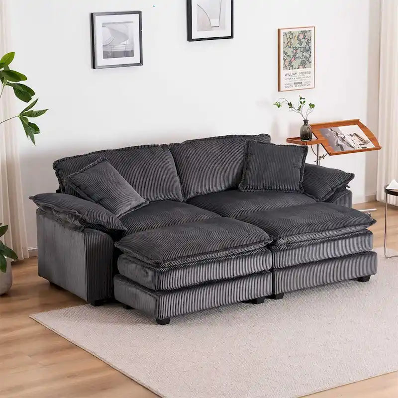 Modernes 2-Sitzer-Sofa aus Cord mit 4 Stützkissen und 2 Hockern
