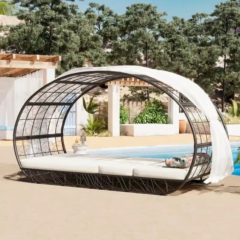 Oaks Aura Outdoor, Sonnenliege mit Polster, Vorhang und buntem Kissen, Lounge-Sessel aus Korbgeflecht, verstellbare Gartenliegen