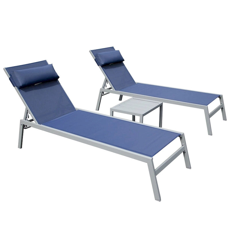 3-teiliges Terrassen-Liegen-Set, Aluminium-Poolliegen mit Beistelltisch, verstellbare wetterfeste Outdoor-Liegestühle