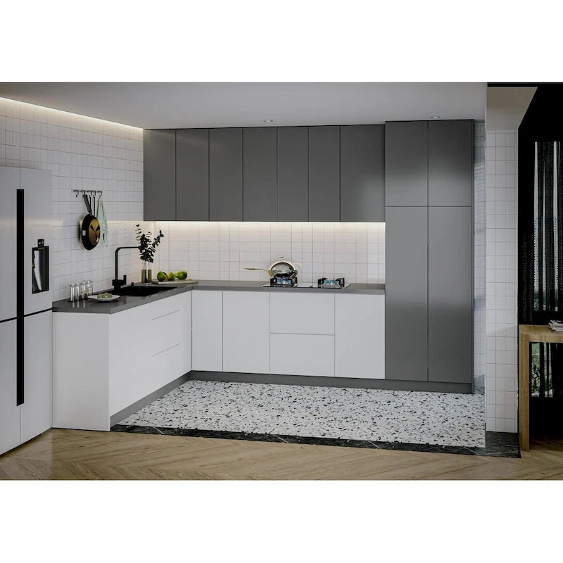 Küchen-Harmonie-Kollektion in glänzendem Weiß und Grau, Breite 8 × 10 Fuß – 126 × 96