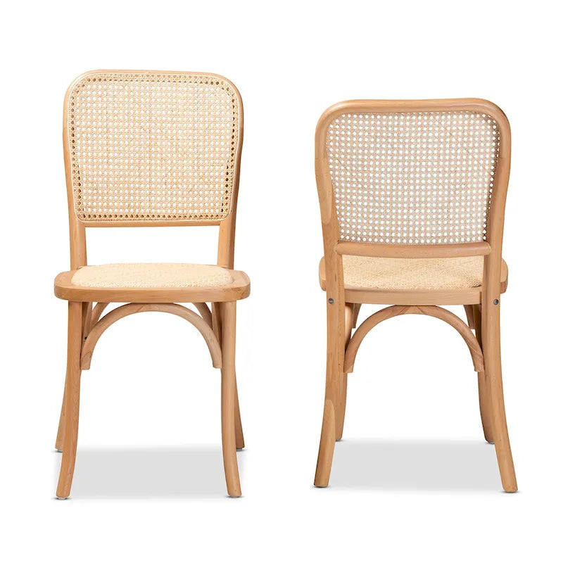 Neah Mid-Century Modern 2er-Set Esszimmerstühle aus geflochtenem Rattan und Holz