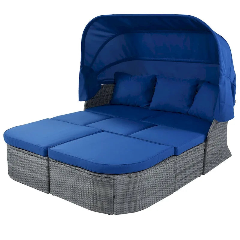 Graues Outdoor-Tagesbett aus Korbgeflecht mit Polstern und ausziehbarem Sonnendach