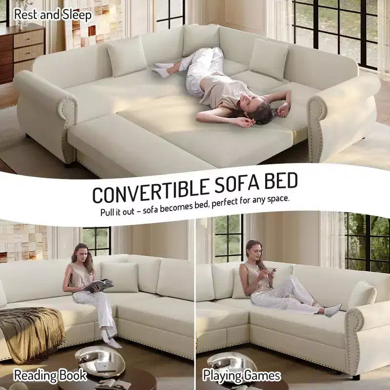 Homy Casa 88 L-förmiges Schlafsofa mit Ausziehbett, Chenille-Polsterung, 5-Sitzer, Beige