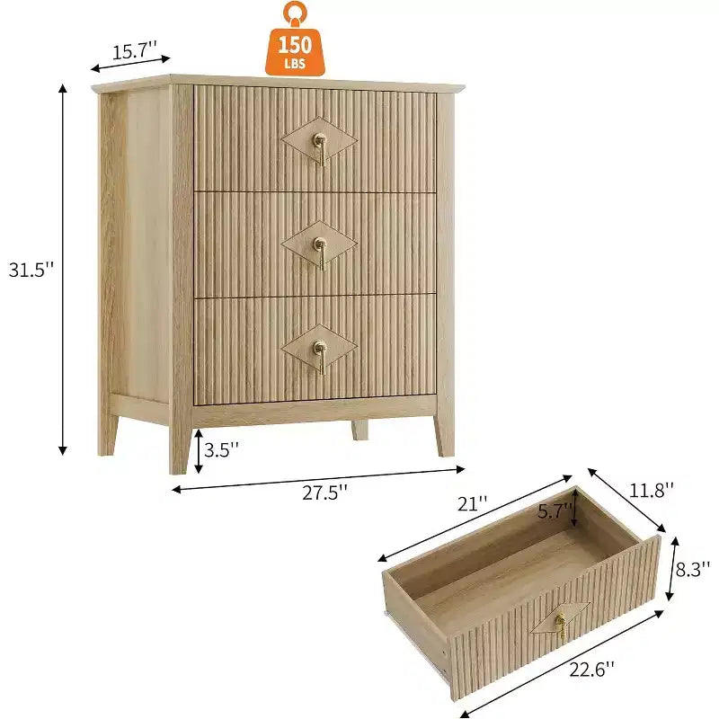 2 Stück geriffelte Holz-Nachttische, 27,5 breit, 3-Schubladen-Kommoden-Set, moderne Beistelltische, Schubladenschrank für Schlafzimmer und Wohnzimmer