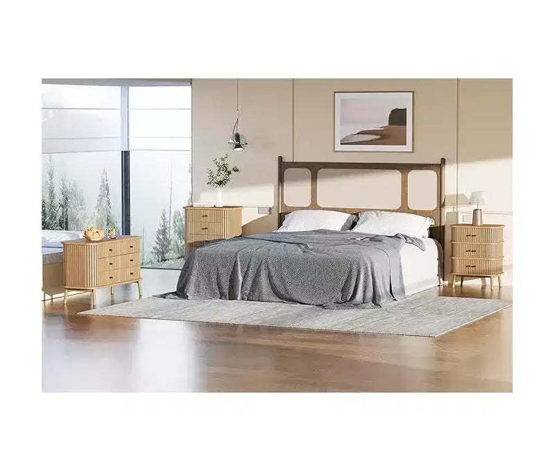 Kommode, horizontaler Schrank mit 6 Schubladen, schwarzen Griffen & Holzbeinen, Naturholz-Optik