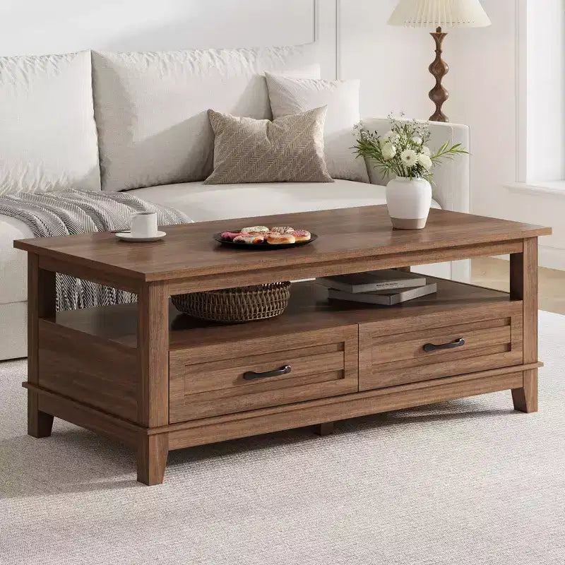Landhausstil-Couchtisch mit Schubladen, 47,2 Zoll Wohnzimmertisch im rustikalen Design, Braun, mit offenem Ablagefach und 6 Stützbeinen