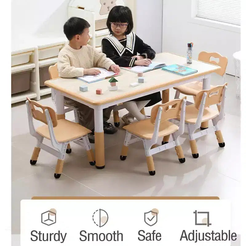 Kindertisch- und 6-Stuhl-Set, höhenverstellbarer Kindertisch und 6 Stühle für Kinder von 2–10 Jahren zum Basteln und Lernen, Tischplatte zum Beschriften, rutschfeste Tischbeine