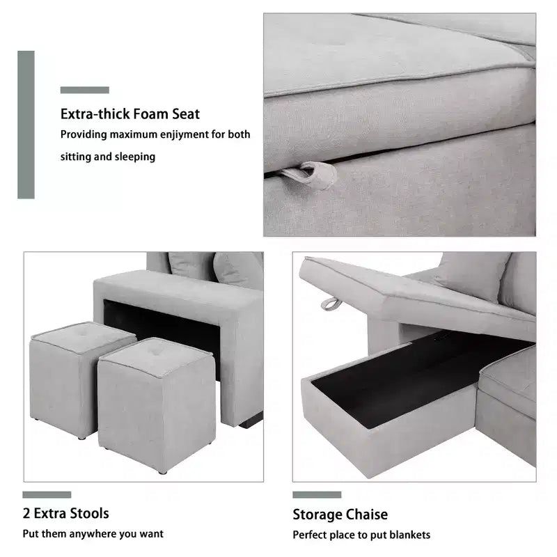 104,5 Zoll L-förmige Schlafcouchgarnitur mit Stauraum-Chaiselongue und 2 Hockern – 3-Sitzer-Schlafsofa mit Schlaffunktion für das Wohnzimmer