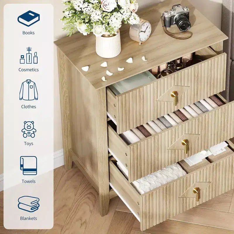 2 Stück geriffelte Holz-Nachttische, 27,5 breit, 3-Schubladen-Kommoden-Set, moderne Beistelltische, Schubladenschrank für Schlafzimmer und Wohnzimmer