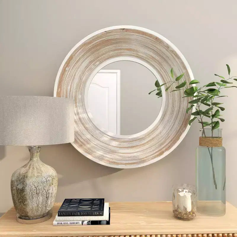 35x35 Wandspiegel aus Holz mit weiß gekalkter Optik in Creme – Olivia & May: Keine Montage erforderlich, MDF-Rahmen, für den Innenbereich