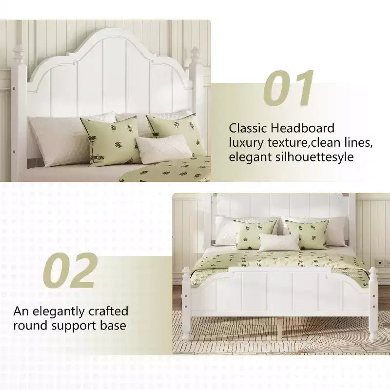 Vintage-Plattformbettgestell in Queensize – Massivholz aus Kiefer, MDF-Kopfteil, kein Boxspringbett erforderlich