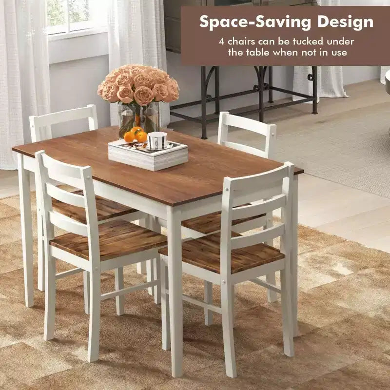 Costway 5-teiliges Esszimmer-Set Massivholz Küchenmöbel mit rechteckigem Tisch & 4 Stühlen Natur/Kaffee/Grau