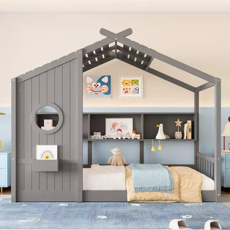 Bodenbett für Kinder in Twin-Größe, Montessori-Hausbett mit Ablagefach und Dachdesign