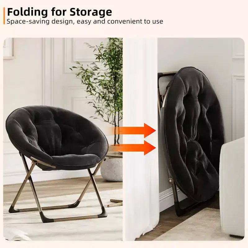 Untertassenstuhl, gemütlicher Loungesessel in Mondform mit Kunstfellbezug und klappbarem Metallgestell, Sitz mit Blumenmotiv