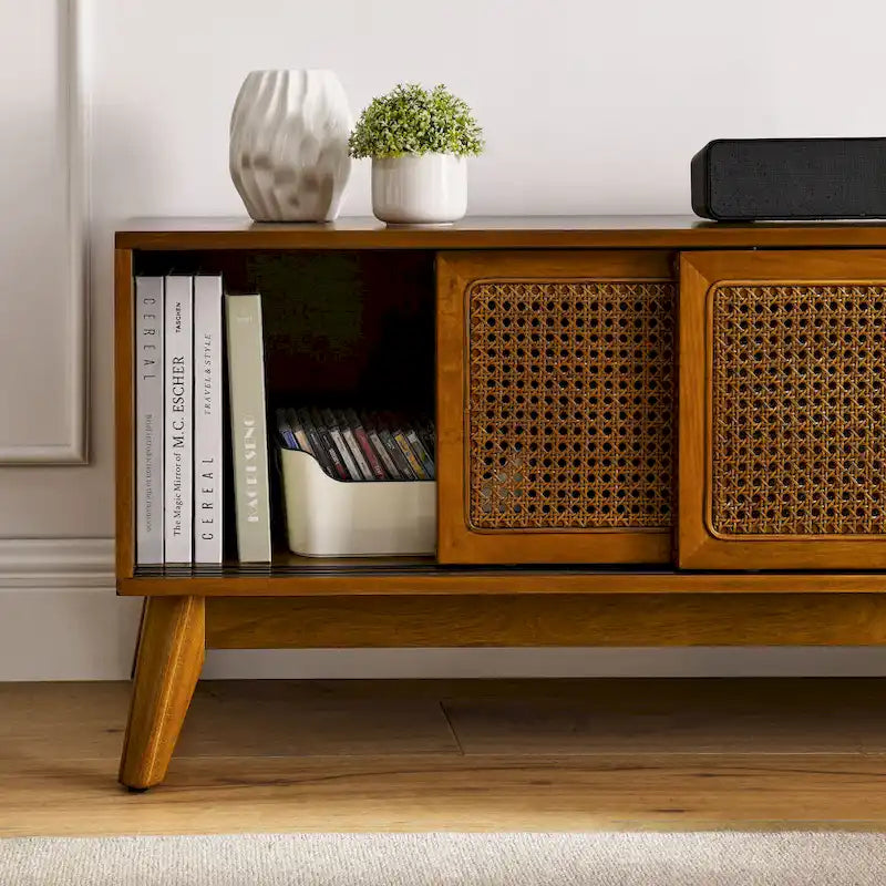 Vintage Rattan TV-Schrank mit 2 Staufächern und 4 Holzbeinen für Wohnzimmer, Schlafzimmer und Büro